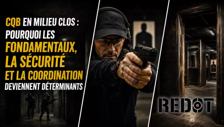 Vignette d’article REDOT sur le CQB en milieu clos, avec trois scènes de formation illustrant les fondamentaux, la sécurité et la coordination.