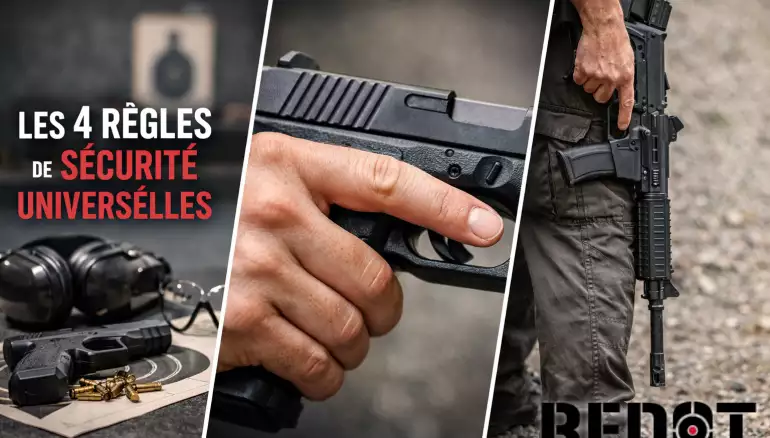 Illustration des règles de sécurité arme à feu avec pistolet dirigé vers le bas, fusil en vue première personne et arme à la ceinture – REDOT Formation