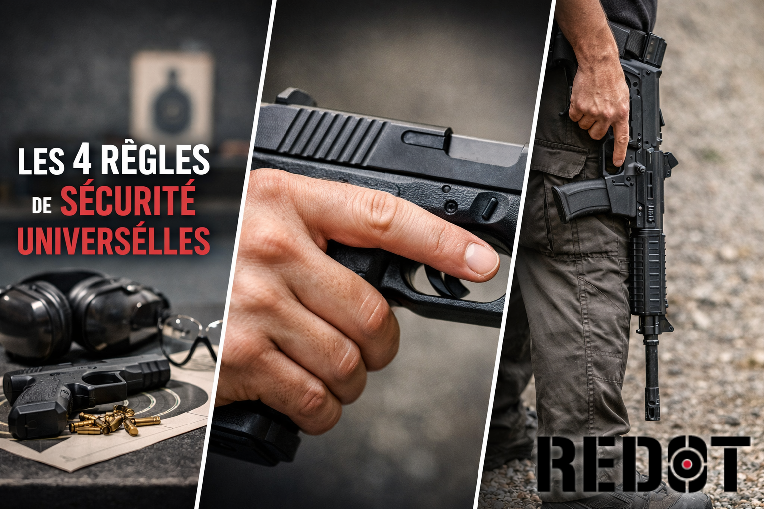 Illustration des règles de sécurité arme à feu avec pistolet dirigé vers le bas, fusil en vue première personne et arme à la ceinture – REDOT Formation