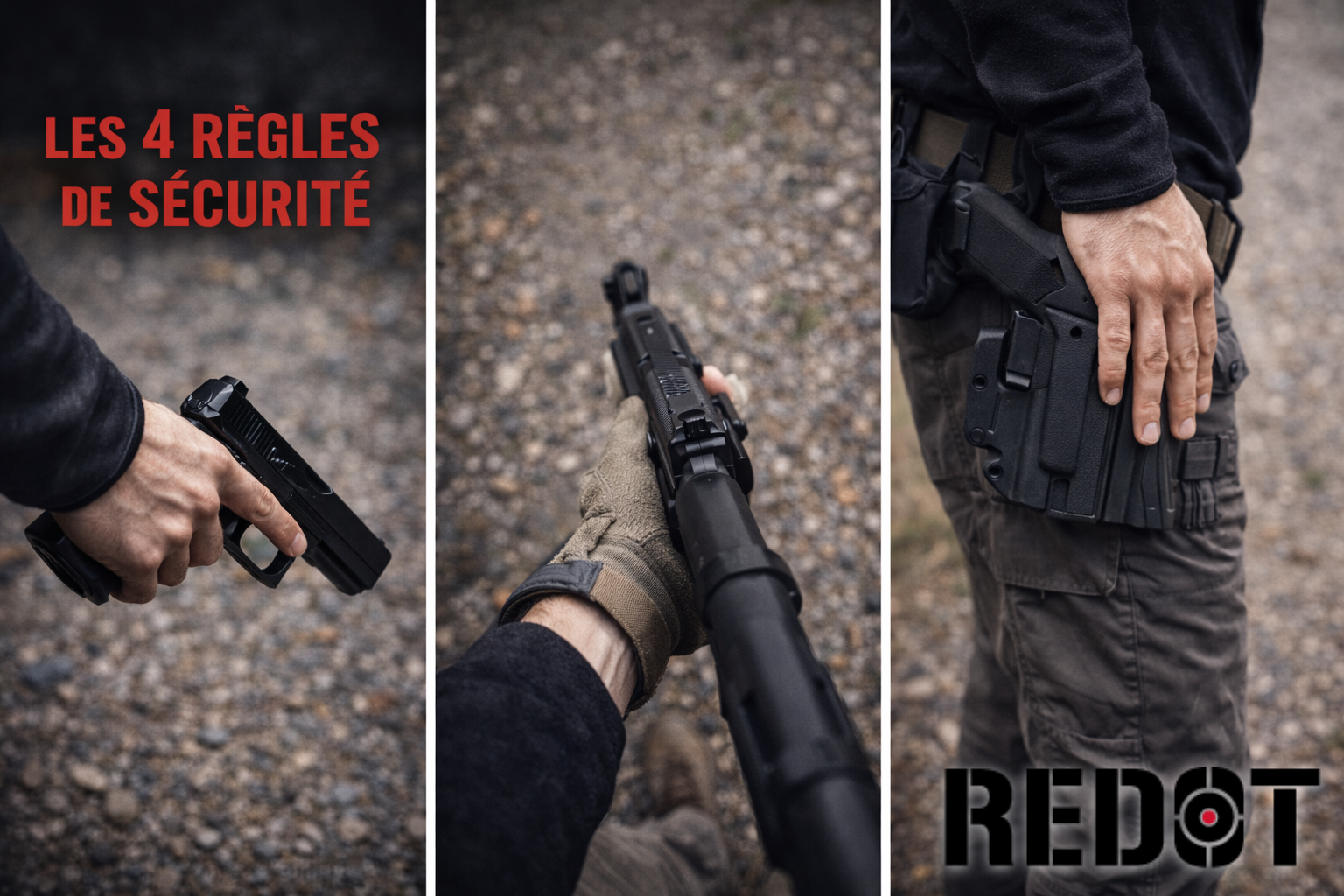 Illustration des règles de sécurité arme à feu avec pistolet orienté vers le bas, fusil et arme holsterisée – REDOT Formation