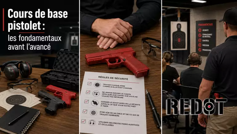 Image pédagogique REDOT illustrant un cours de base pistolet avec matériel de sécurité, réplique d’entraînement, règles fondamentales et cadre de formation encadré.