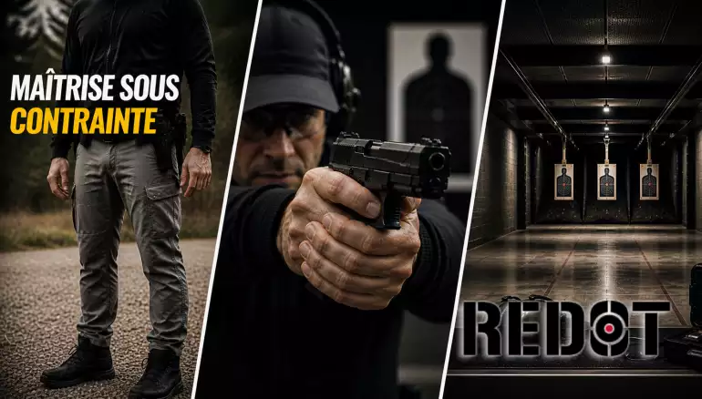 Tireur en position avec pistolet sur stand illustrant la maîtrise sous contrainte et la performance sous stress en situation de tir